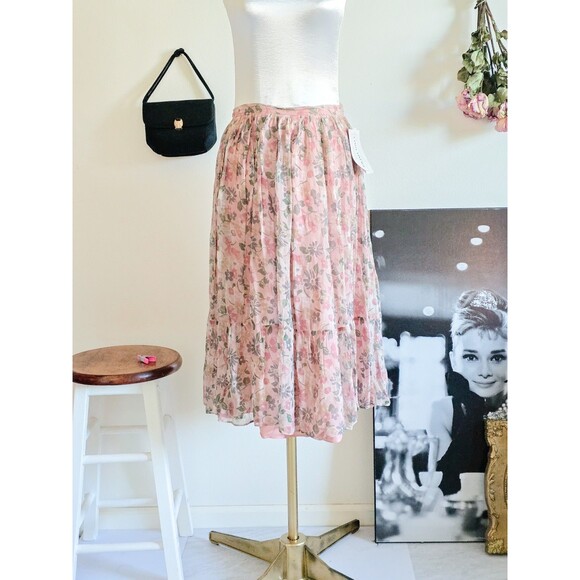 Handmade Dresses & Skirts - Vintage 1950s 50s Pastel Pink Floral Silk Full Mini Skirt Romantic XS